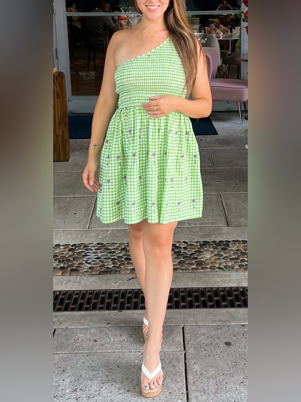 One-Shoulder Green Gingham Sundress with Purple Palm Print